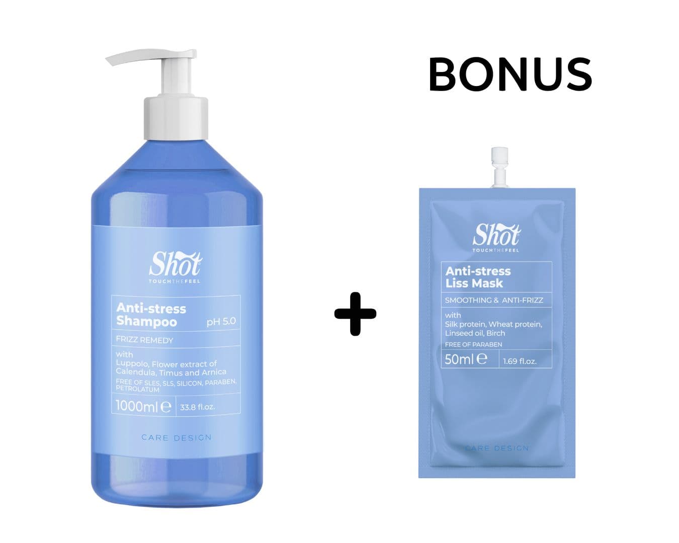 AKCE: Shot AntiStress Shampoo - šampon proti krepatění a pro namáhané vlasy, 1000 ml + šampon/maska 25 ml nebo Liss Mask, 50 ml