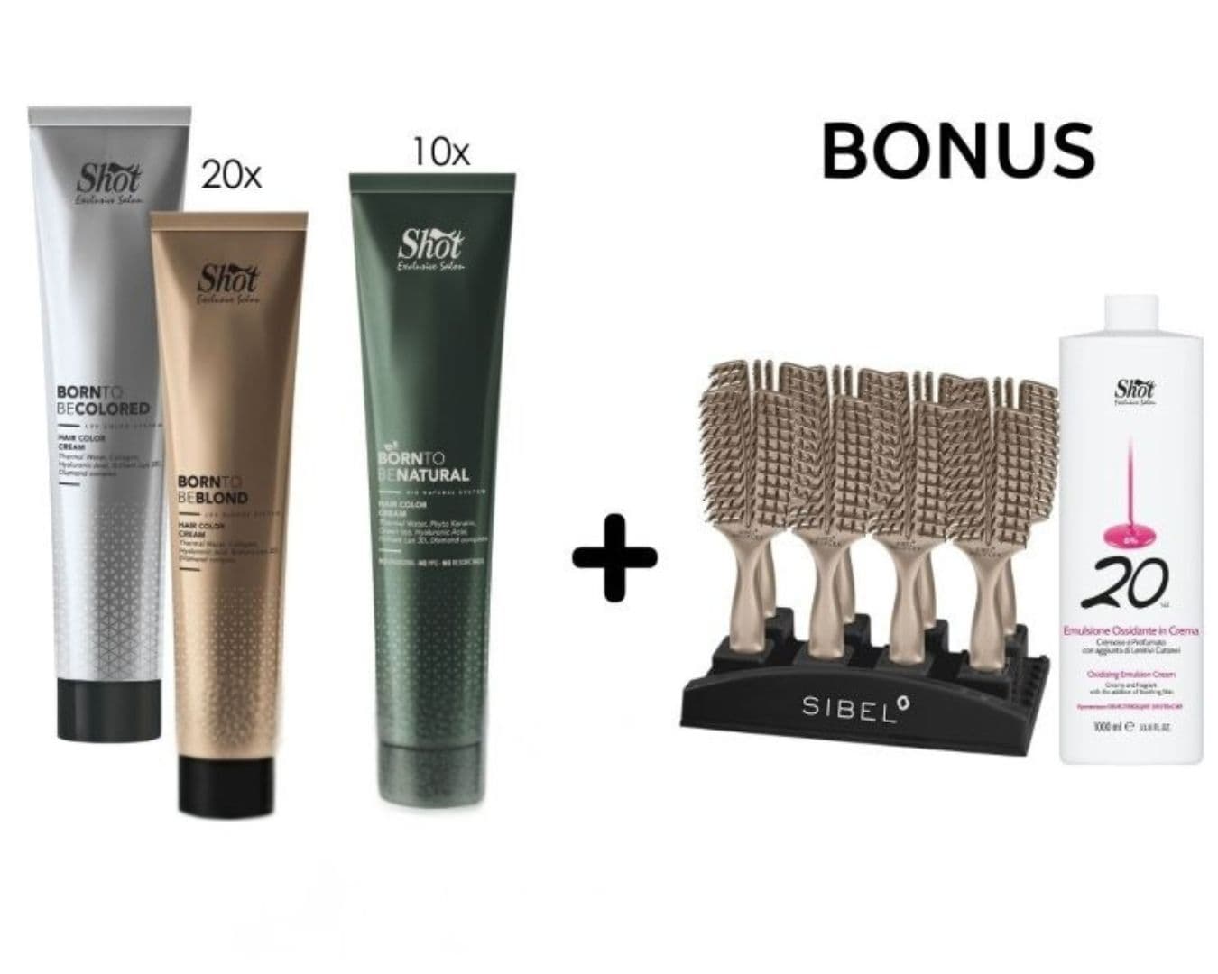 AKCE: Shot 20x Born to Be Colored &amp; Blond a 10x Born to be Natural - profesionální krémové barvy na vlasy, 100 ml + Kartáče na vlasy se stojanem + oxidant, 1000 ml