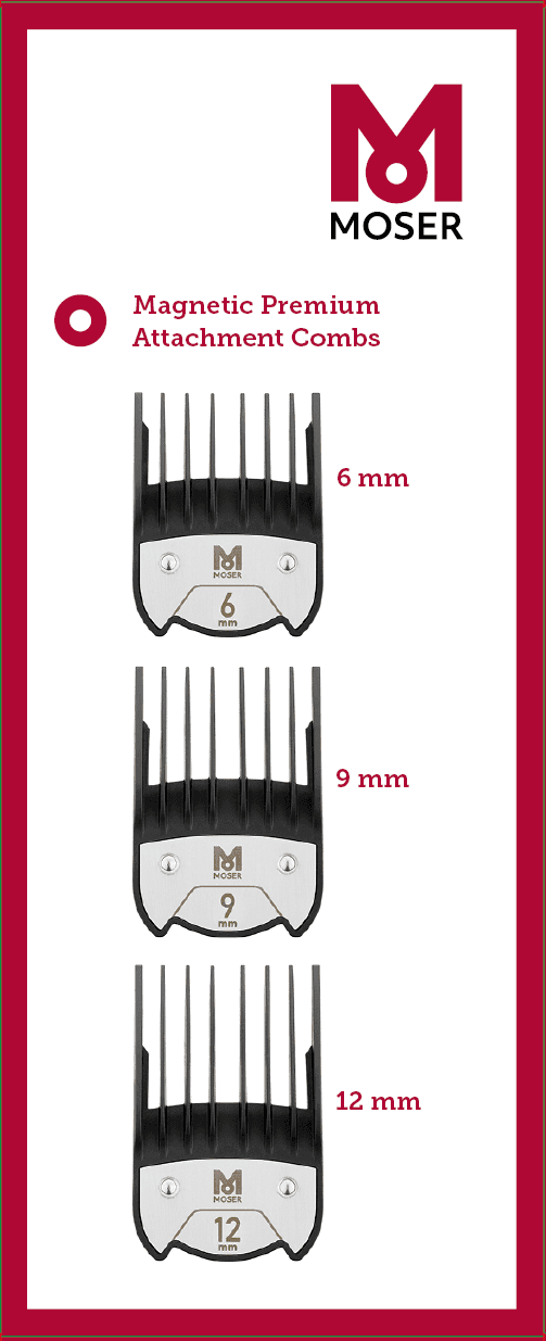 VÝPRODEJ: Moser 1801-7020 Magnetic Premium Attachment Combs - náhradní magnetické nástavce: 6, 9, 12 mm (3ks)