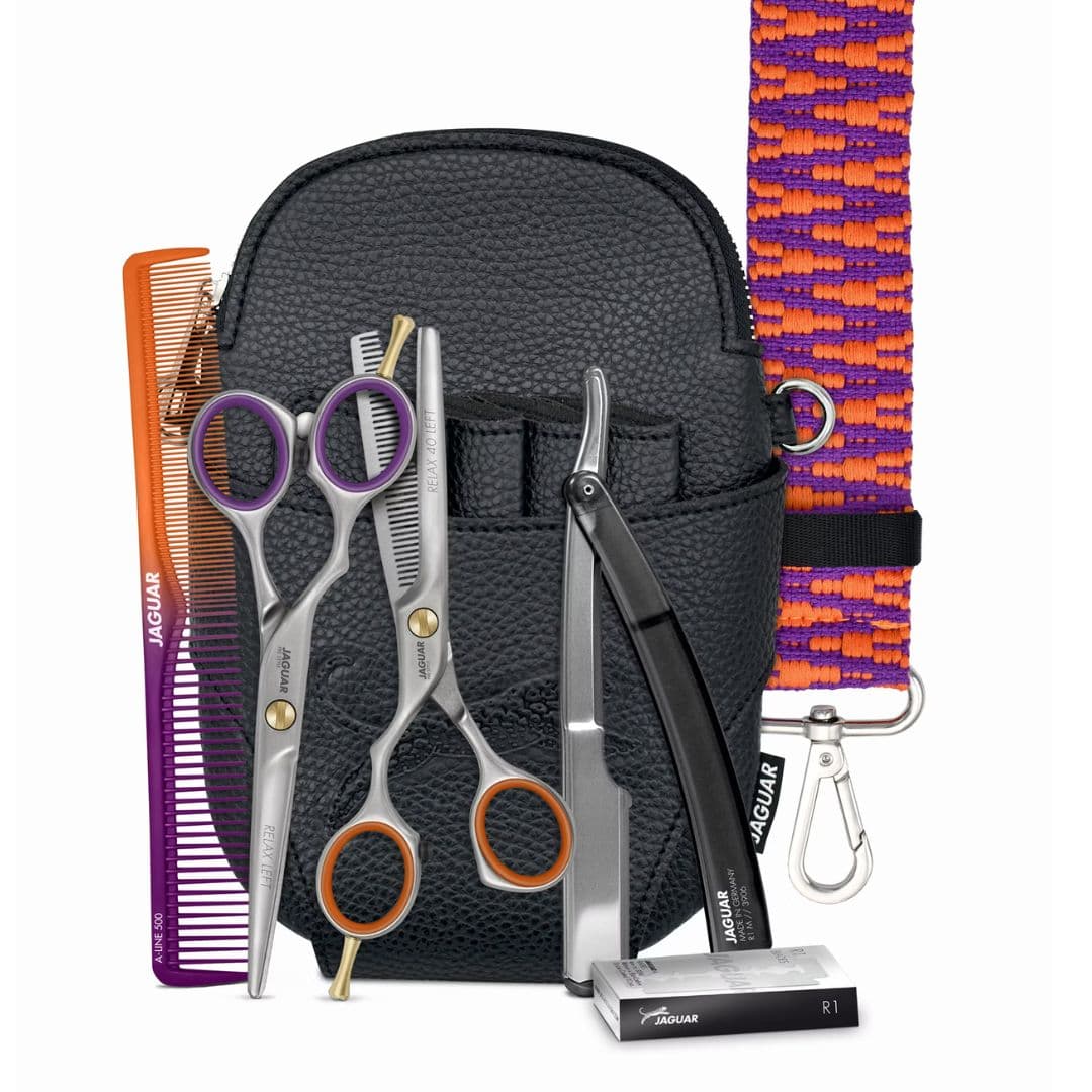 POŠKOZENÁ KRABIČKA: Jaguar Basic Set Relax Left Micro - set leváckých nůžek - klasický střih mikro-zoubkové + efilační, břitva, hřeben s páskem (8395)