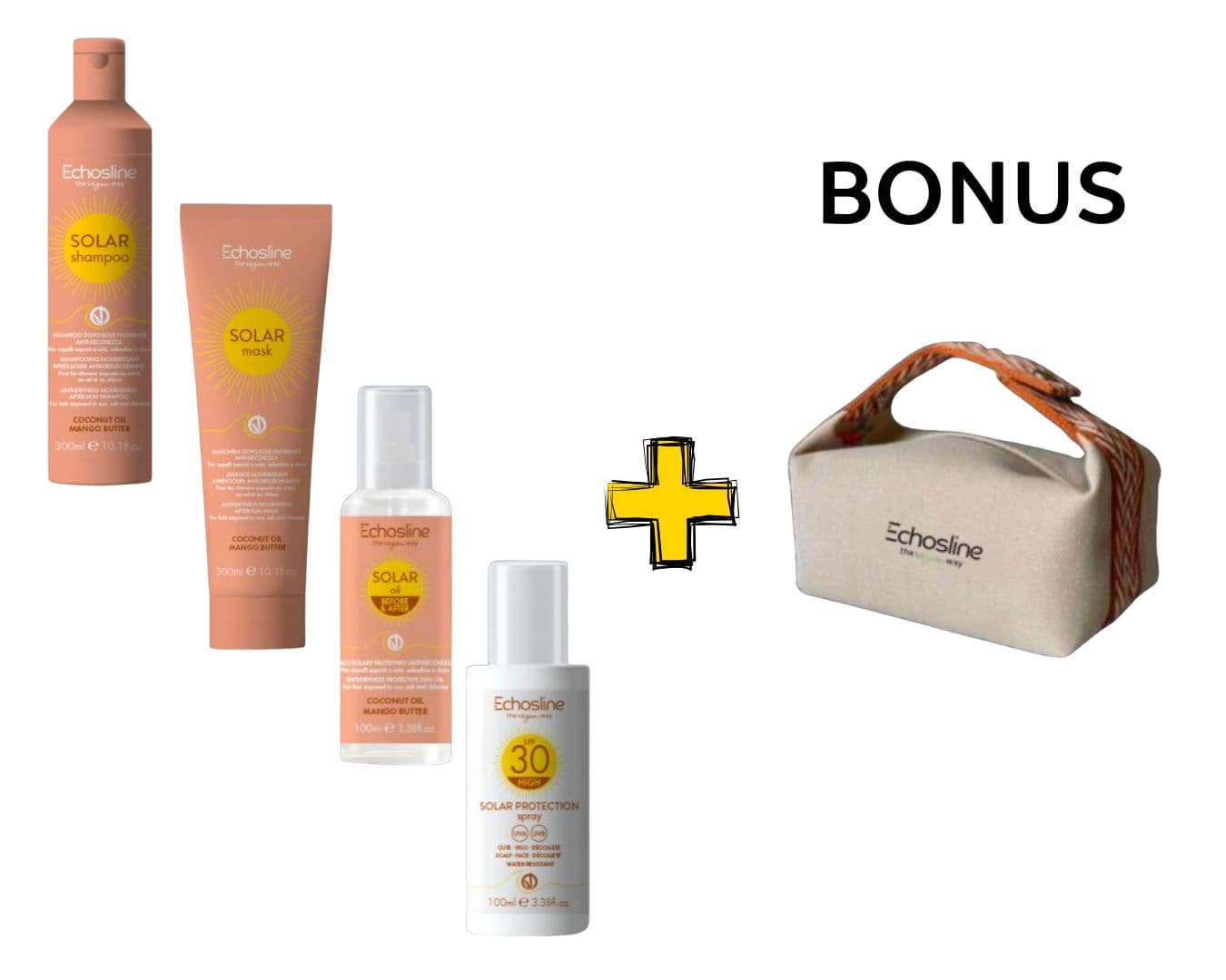 AKCE: Echosline SOLAR - letní linie - šampon, maska, 300 ml, sprej a spf sprej, 100 ml + kosmetická taška