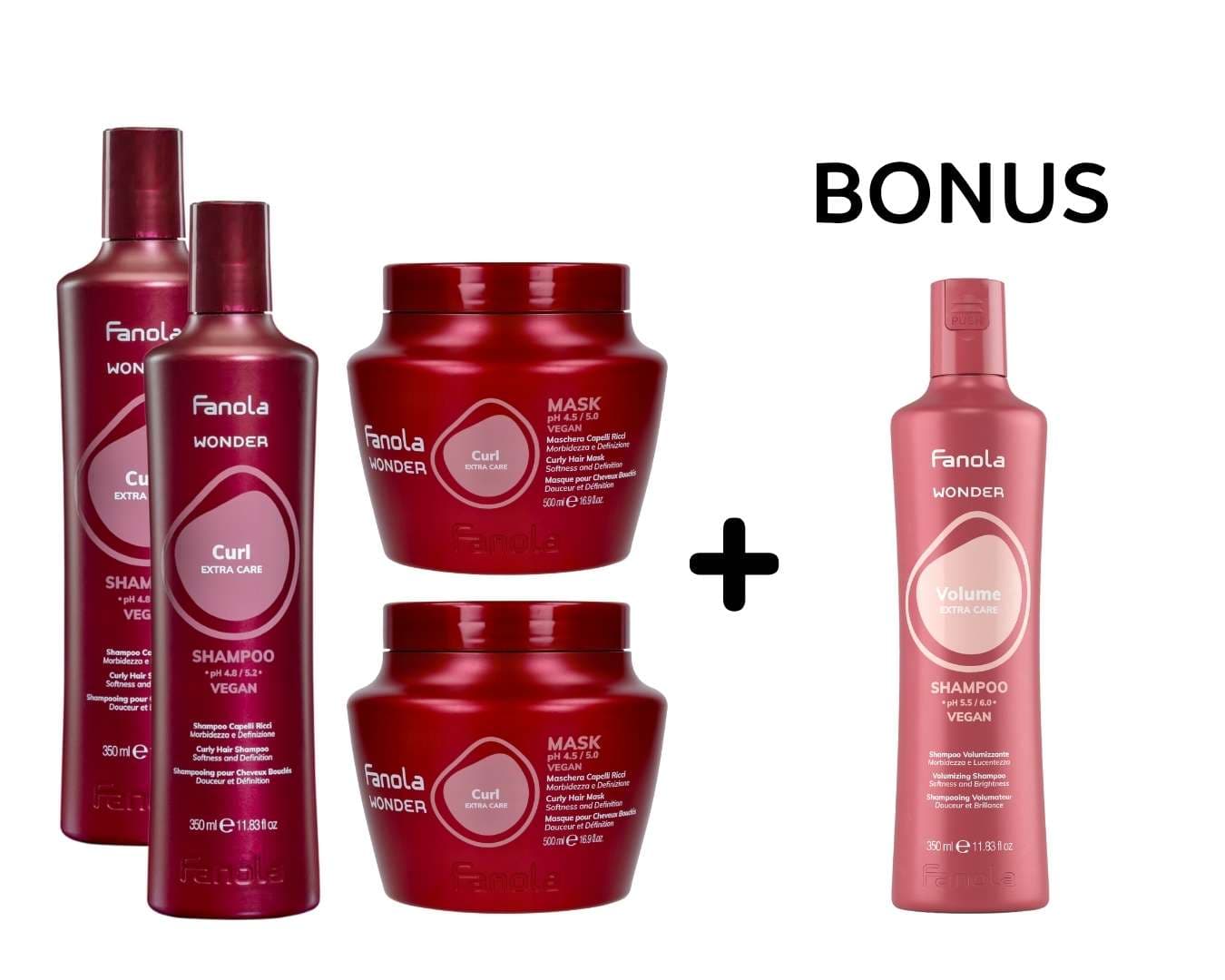 AKCE: Fanola Wonder Curl - vlnité a kudrnaté vlasy - 2x šampon, 350 ml a 2x maska, 500 ml + Wonder Volume - šampon, 350 ml