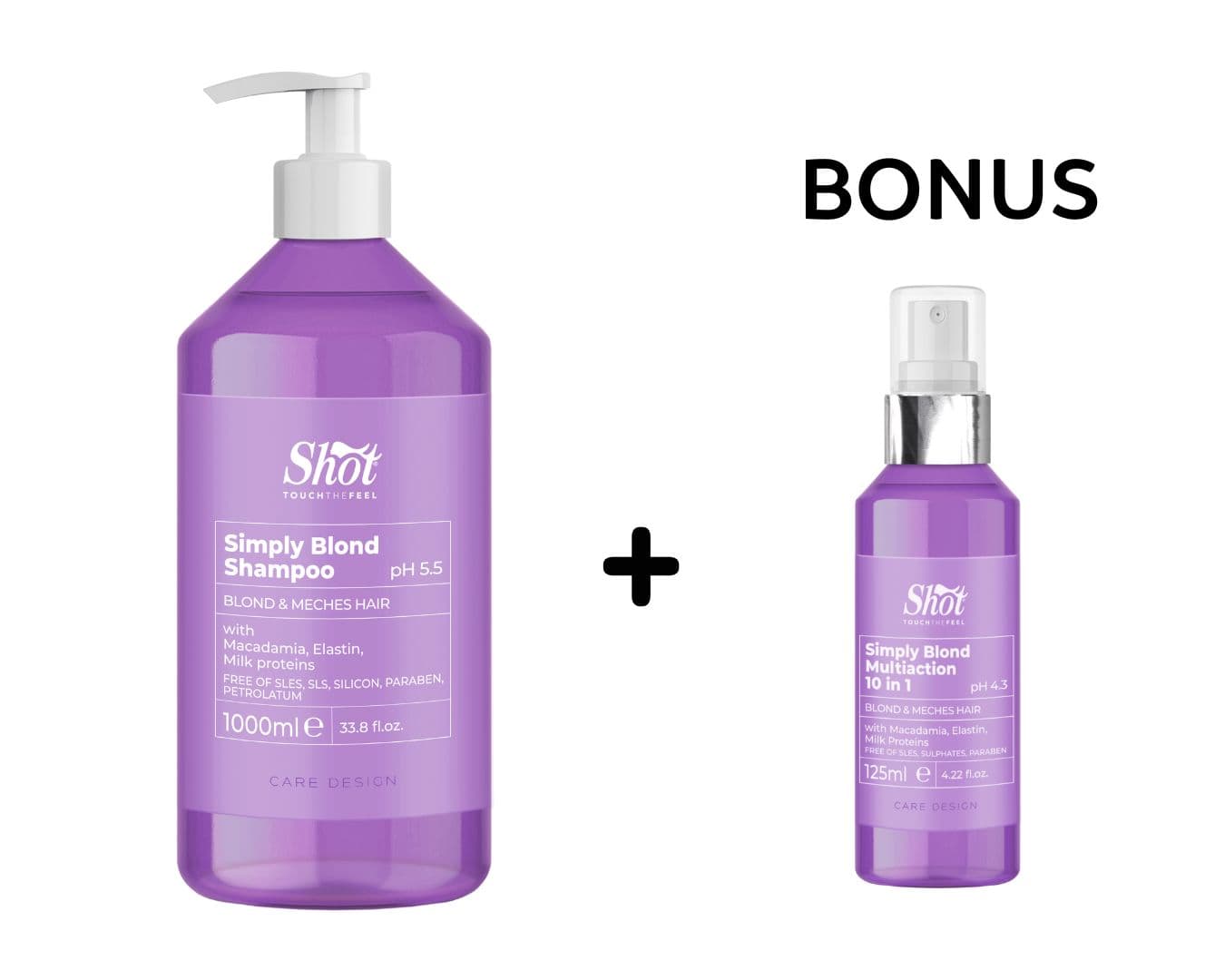 AKCE: Shot Simply Blond Shampoo - ošetřující šampon pro blond vlasy, 1000 ml + šampon/maska 250 ml nebo výživný sprej, 125 ml