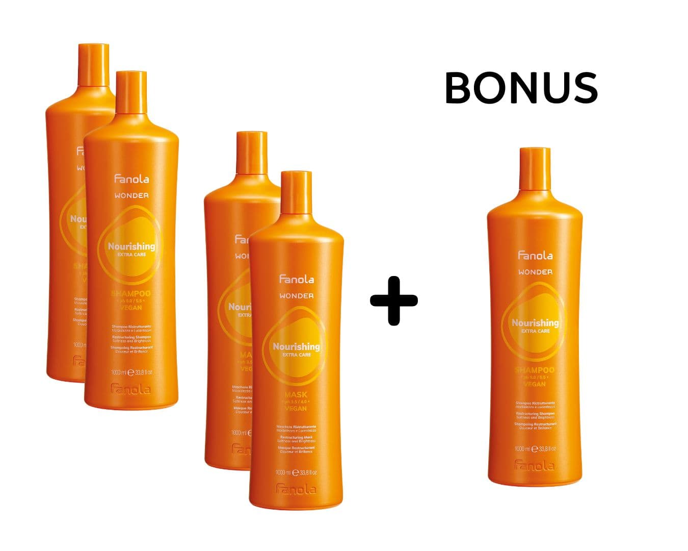AKCE: Fanola Wonder Nourishing - suché a poškozené vlasy - 2x šampon, 1000 ml a 2x maska, 1000 ml + šampon, 1000 ml