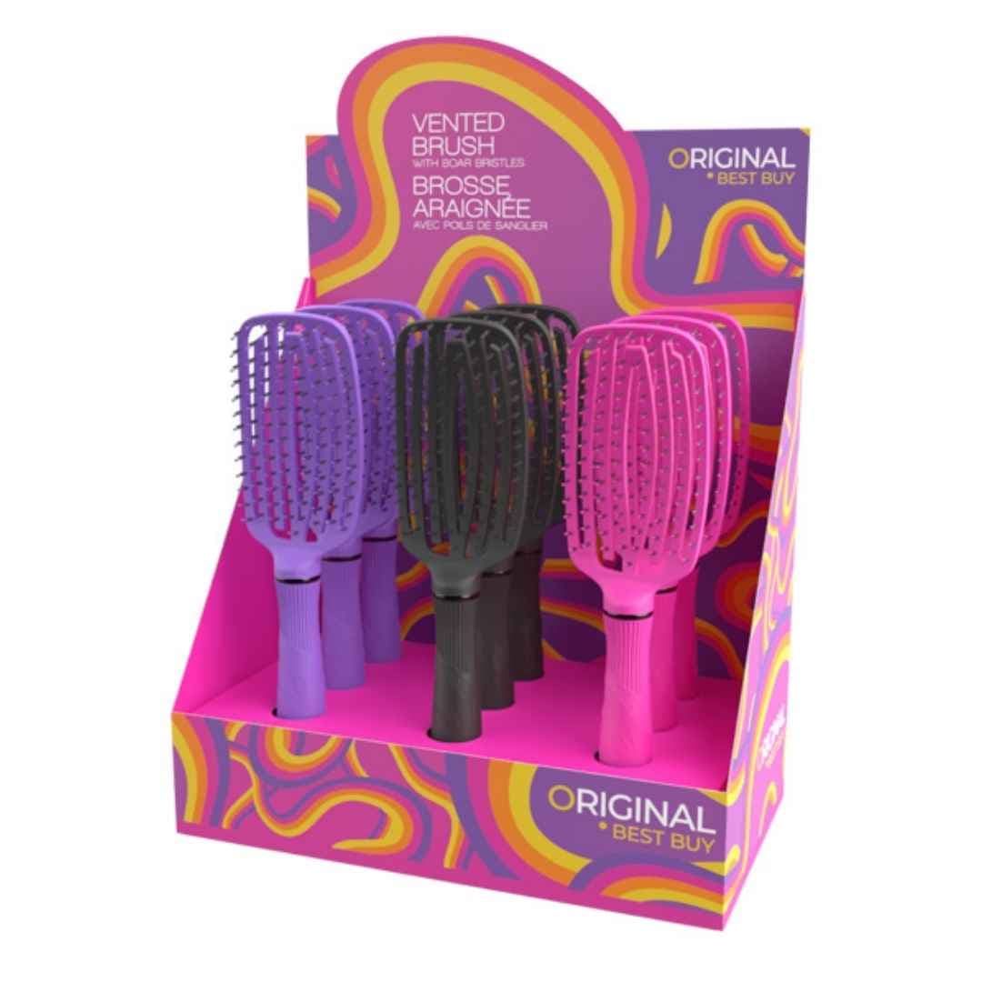 DISPLAY: OBB P005590 Vented Brush w/Boar Bristles FW25 - set ergonomických kartáčů na rozčesávání, 9 ks (3x fialová, 3x černá, 3x růžová)