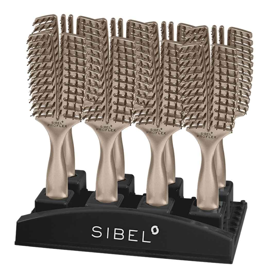 DISPLAY: Sibel PROFLEX CHAMPANGE (P005550) - kartáče na rozčesávání vlasů se stojanem v šampaňsko-zlaté barvě, 8 ks