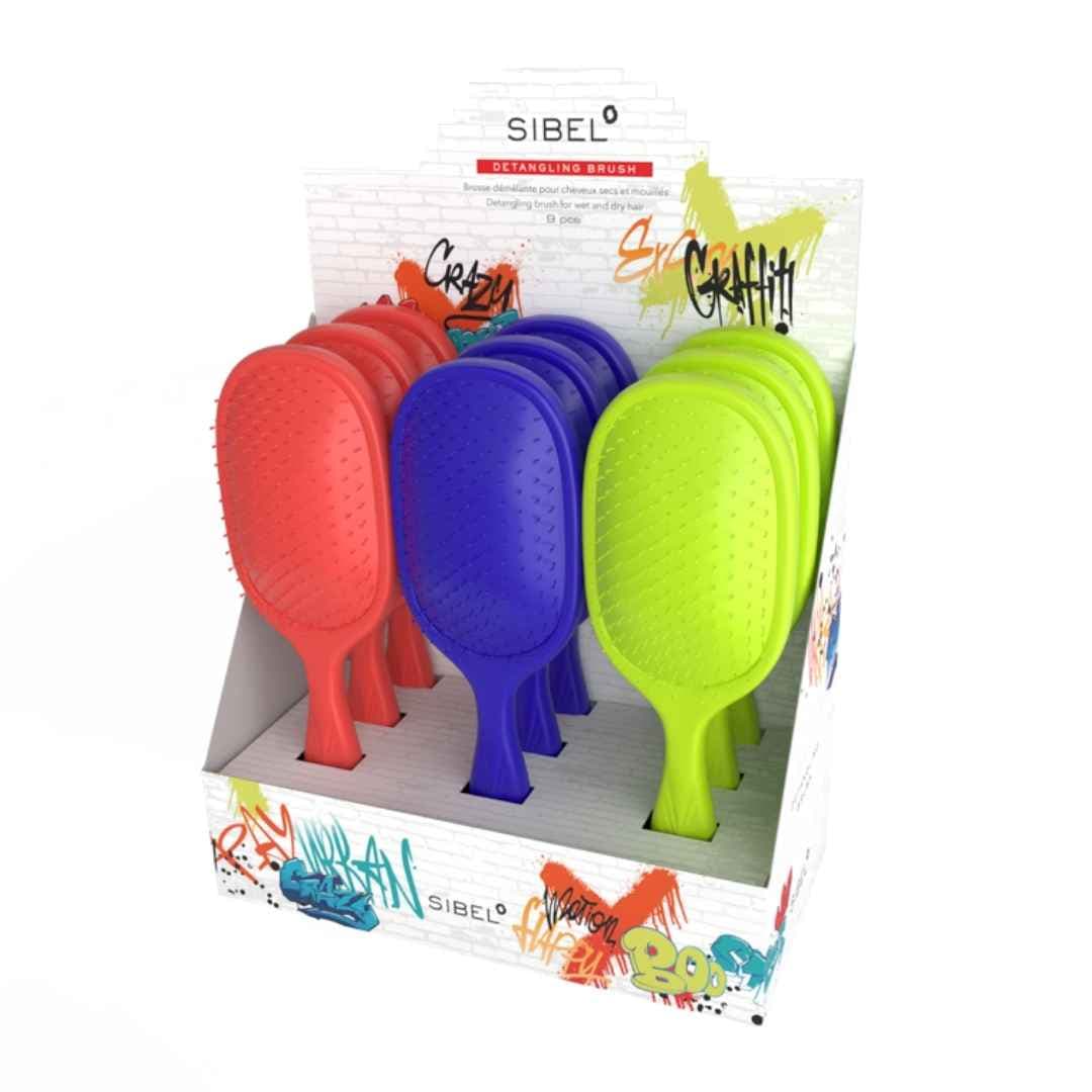 DISPLAY: Sibel Wet Brush Graffiti P005631 - set kartáčů na rozčesávání suchých i vlhkých vlasů, 9ks (3x oranžová, 3x modrá, 3x limetková)