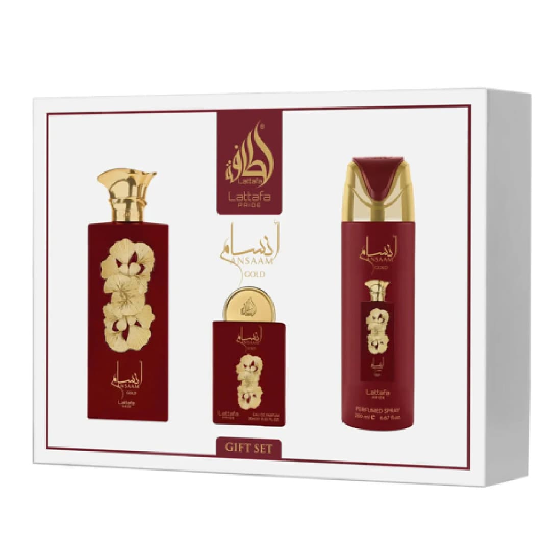 SET: Lattafa Pride Ansaam Gold - parfém, 100 ml + 20 ml + deodorant, 200 ml (pro ženy)
