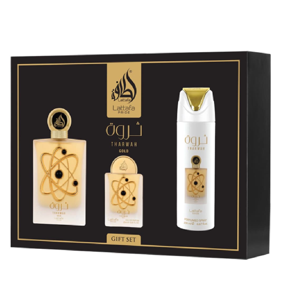 SET: Lattafa Pride Tharwah Gold - unisex parfémová sada - parfém, 100 ml + 20 ml + deodorant, 200 ml