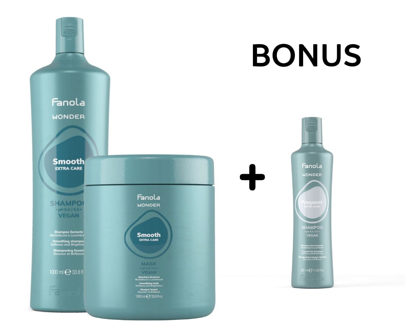 AKCE: Fanola Wonder Smooth - uhlazující šampon a maska, 1000 ml + Wonder Frequent/Volume - šampon, 350 ml