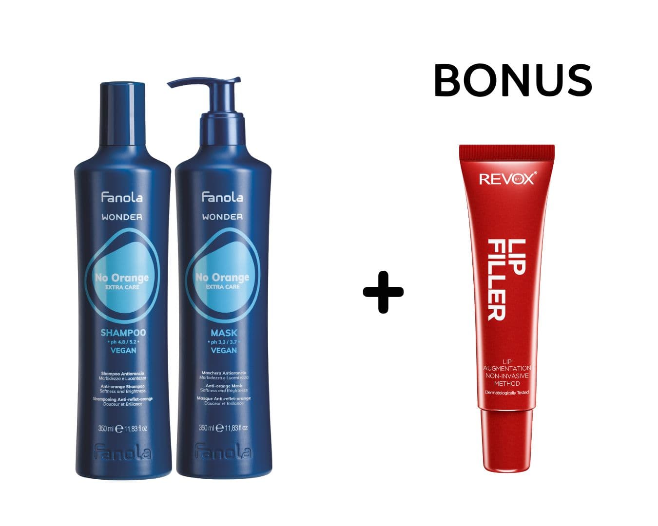 AKCE: Fanola Wonder No Orange - neutralizace oranžových odlesků - šampon, 350 ml a maska, 350 ml + Revox LIP FILLER - zvětšující balzám na rty