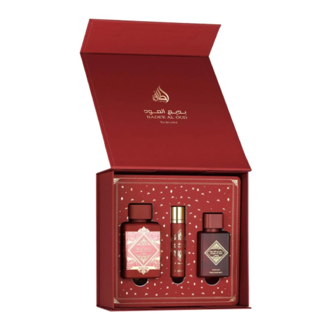 Lattafa Badee Al Oud SUBLIME GIFTSET - sada parfému 100 ml a 12 ml s 50 ml vlasovým místem