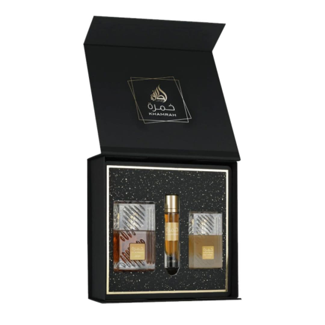 Lattafa Khamrah GIFTSET - dárková sada parfémů 100 ml a 12 ml s vlasovým místem 50 ml