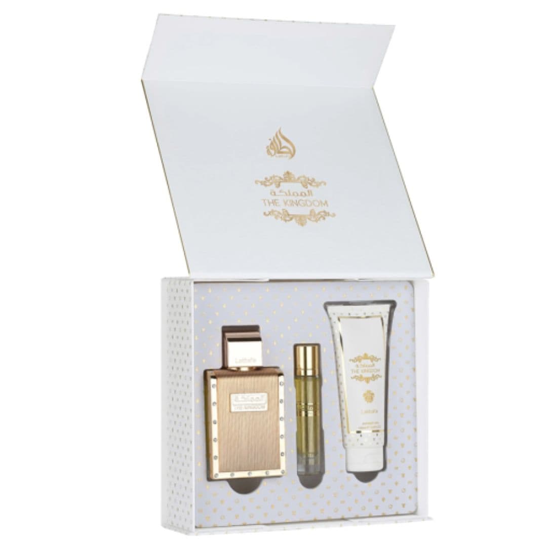 Lattafa The Kingdom MAN GIFTSET - dárková sada s parfémem 100 ml a 12 ml se sprchovým gelem 100 ml