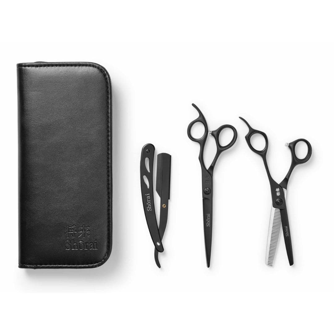 Shōrai BC Set Matt Black (1444) - set profesionálních nůžek 6,5" s efilačními nůžkami a shavettou
