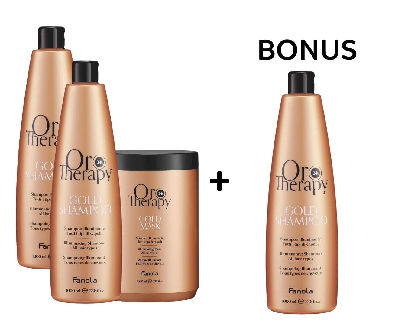 AKCE: Fanola Oro Therapy Shampoo a Mask - 2x regenerační šampon, 1000ml a 1x maska, 1000ml + šampon, 100ml