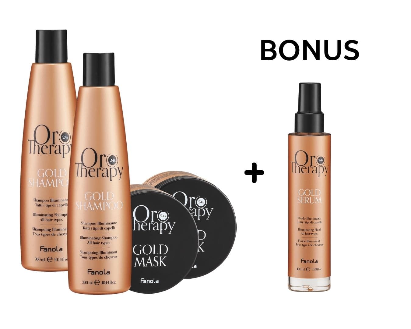 AKCE: Fanola Oro Therapy Shampoo a Mask - 2x regenerační šampon, 300ml a 2x maska, 300ml + sérum, 100ml