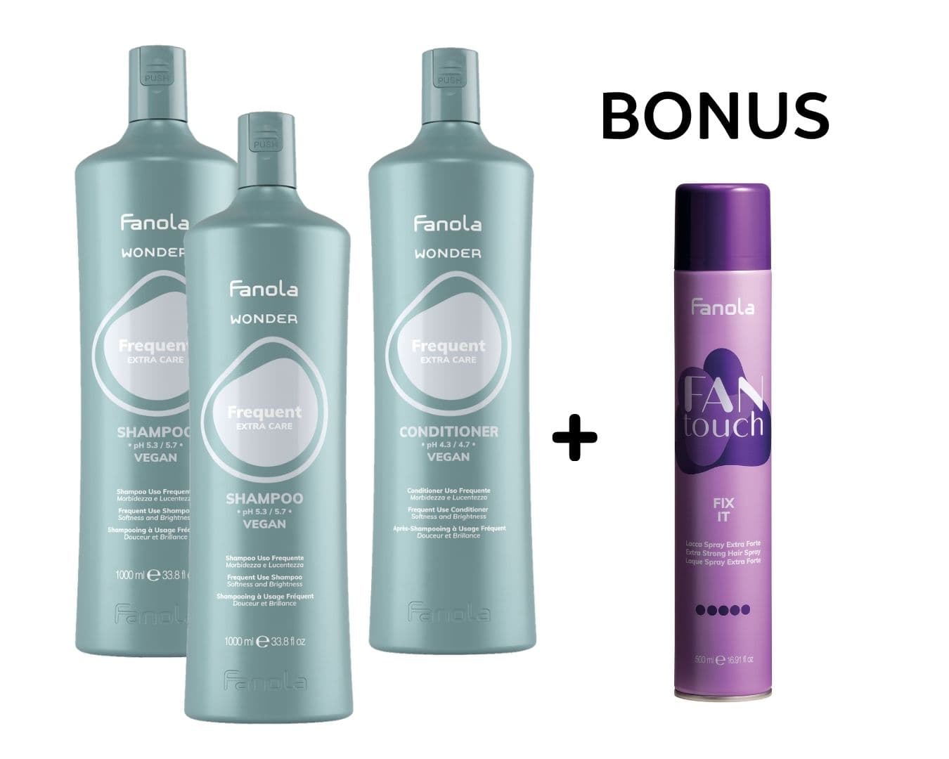 AKCE: Fanola Wonder Frequent - časté mytí - 2x šampon, 1000 ml a 1x kondicionér, 1000 ml + FIX IT - lak na vlasy, 500 ml