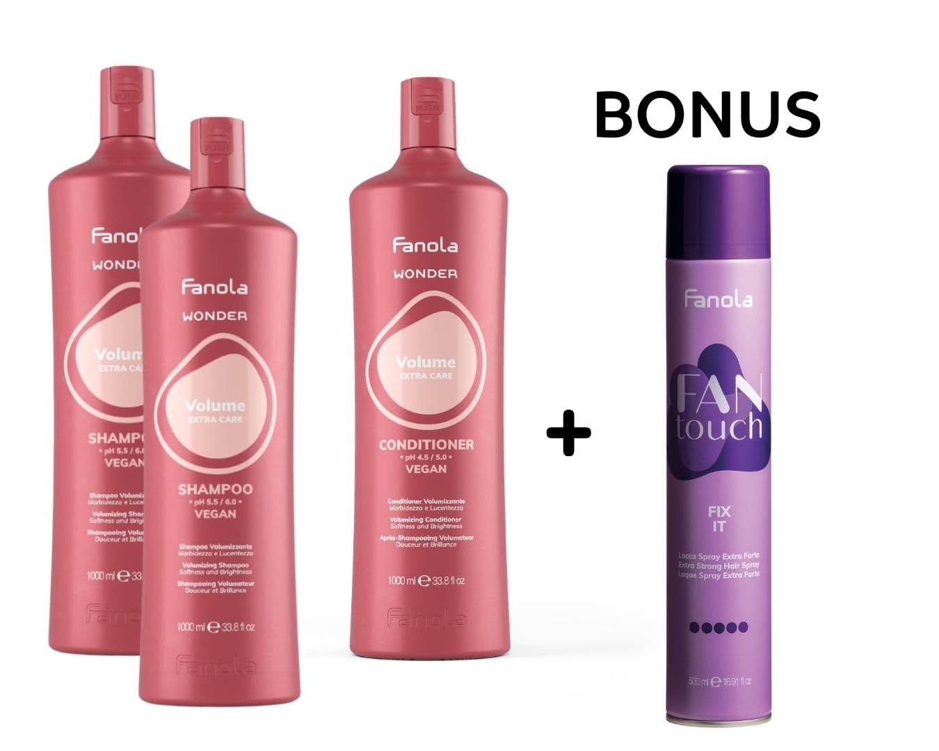 AKCE: Fanola Wonder Volume - objem pro jemné vlasy - 2x šampon, 1000ml a 1x kondicionér, 1000ml + FIX IT - lak na vlasy, 500ml
