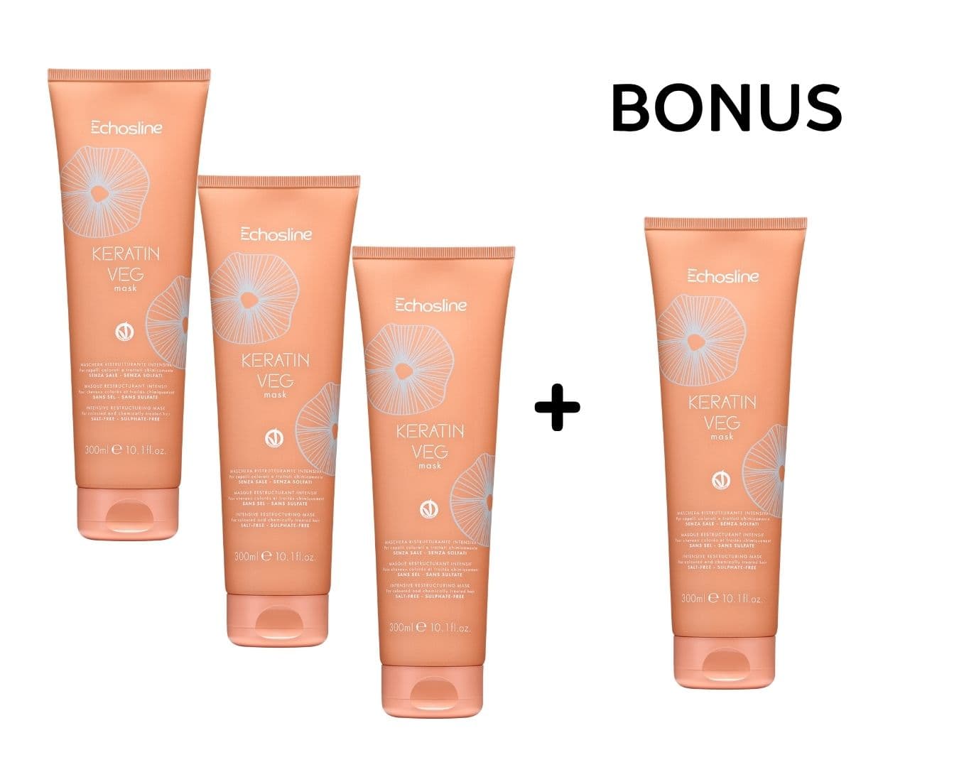 AKCE: 3+1 Echosline Keratin VEG Mask - maska pro chemicky ošetřované vlasy, 300 ml