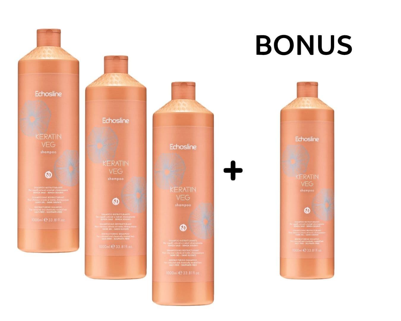 AKCE: 3+1 Echosline Keratin VEG Shampoo - obnovující šampon pro chemicky ošetřované vlasy, 1000 ml