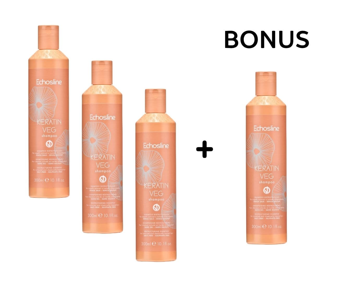 AKCE: 3+1 Echosline Keratin VEG Shampoo - obnovující šampon pro chemicky ošetřované vlasy, 300 ml