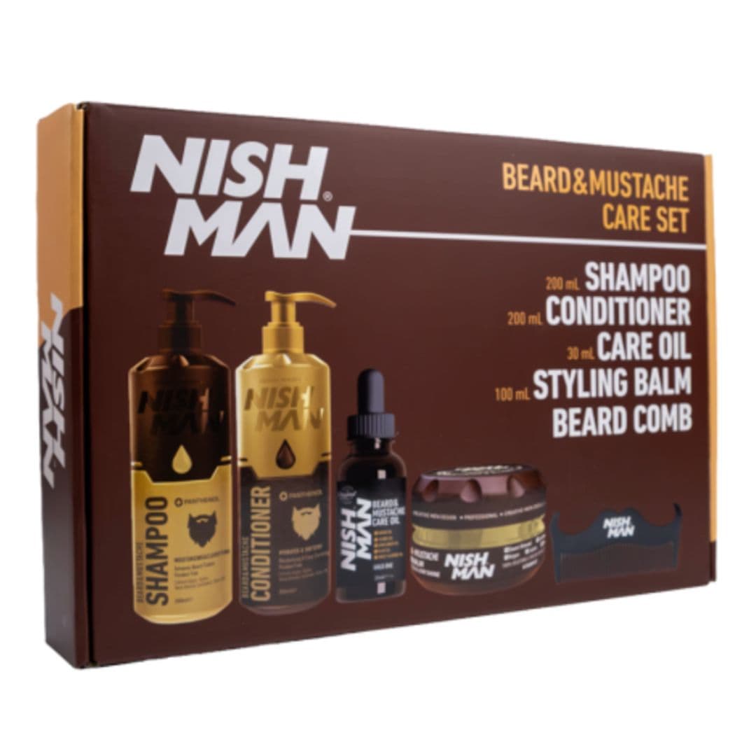 KIT: Nishman Beard&Moustache Care Set - sada péče o bradu - šampon 200 ml, kondicionér 200 ml, olej na bradu 30 ml, balzám na bradu 100 ml a hřeben