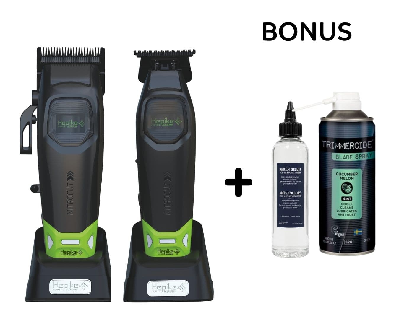 AKCE: Hepike NitroCut DUO + sprej na čištění a chlazení TrimmerCide, 400 ml + 1x olej na mazání M22, 200 ml