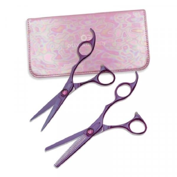 Olivia Garden SilkCut ThinkPink Set - set profesionálních nůžek 5,75 + 6,35T ve fialové barvě v růžovém obalu