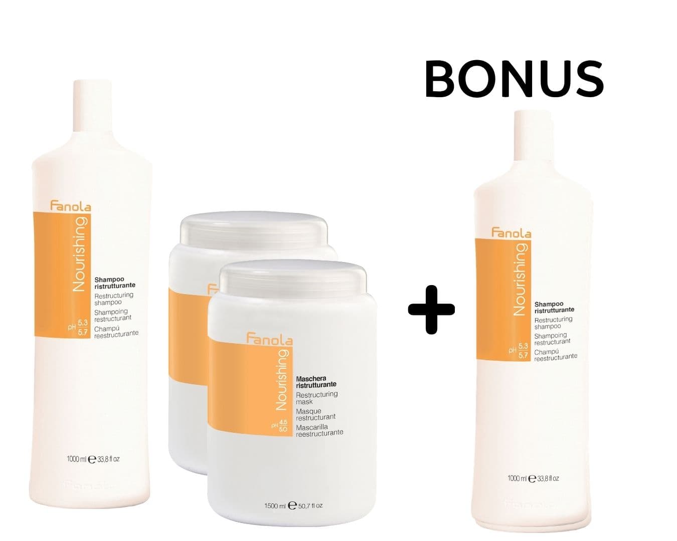 AKCE: Fanola Nourishing - výživa vlasů - 1x šampon, 1000 ml a 2x maska, 1500 ml + šampon, 1000 ml