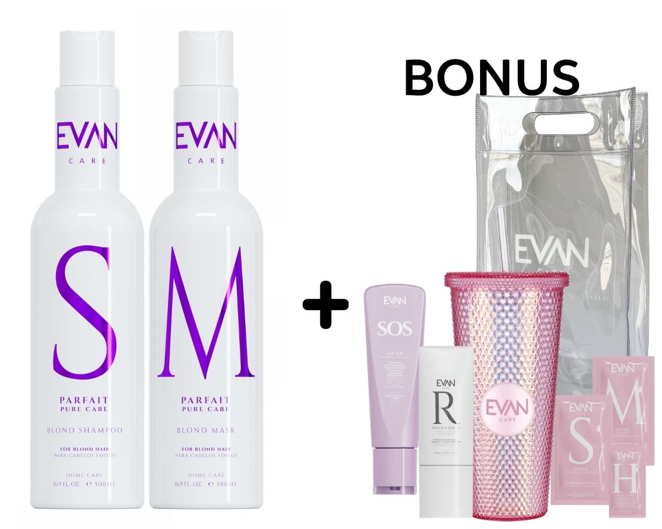 AKCE: Evan Care Blond Repair - šampon a kondicionér maska, 500 ml pro blond vlasy + taška + sklenice + SOS maska, 50 ml + Deep remedy, 50 ml + vzorky