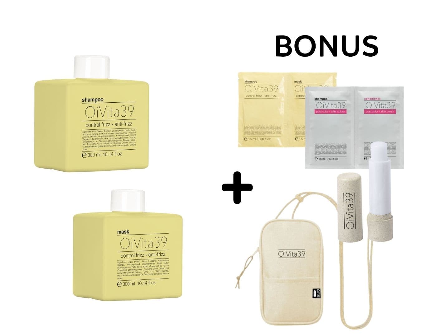AKCE: OiVita39 AntiFrizz - proti krepatění / na disciplínu - šampon a maska, 300 ml + taštička + vzorky + balzám na rty