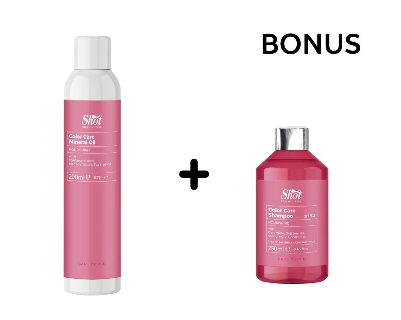 AKCE: Shot Color Care Mineral Oil - mineriální olej ve spreji pro barvené vlasy, 200 ml + šampon/maska, 250 ml