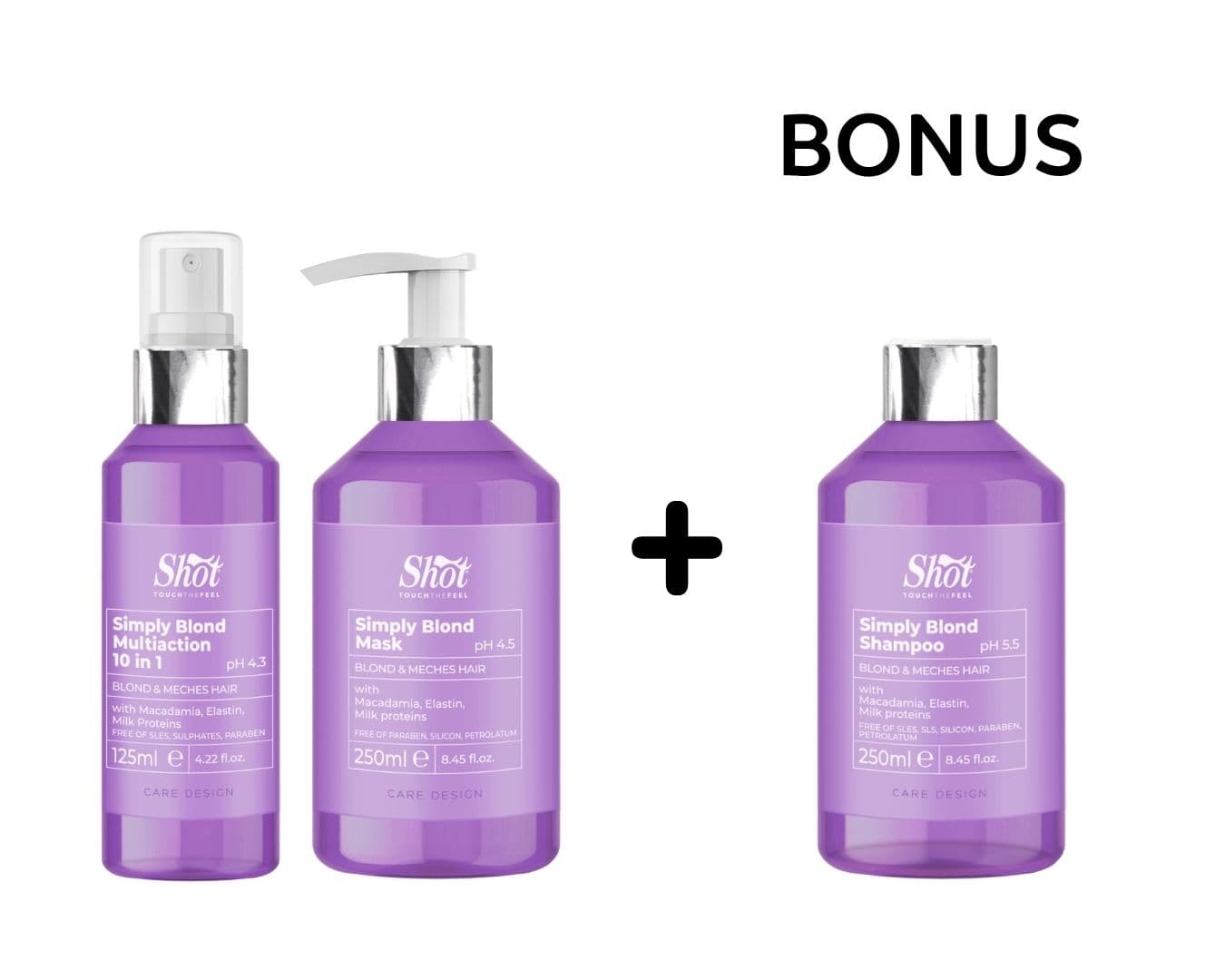 AKCE: Shot Simply Blond - péče - výživný 10v1 sprej, 125 ml a maska, 250 ml + šampon, 250 ml