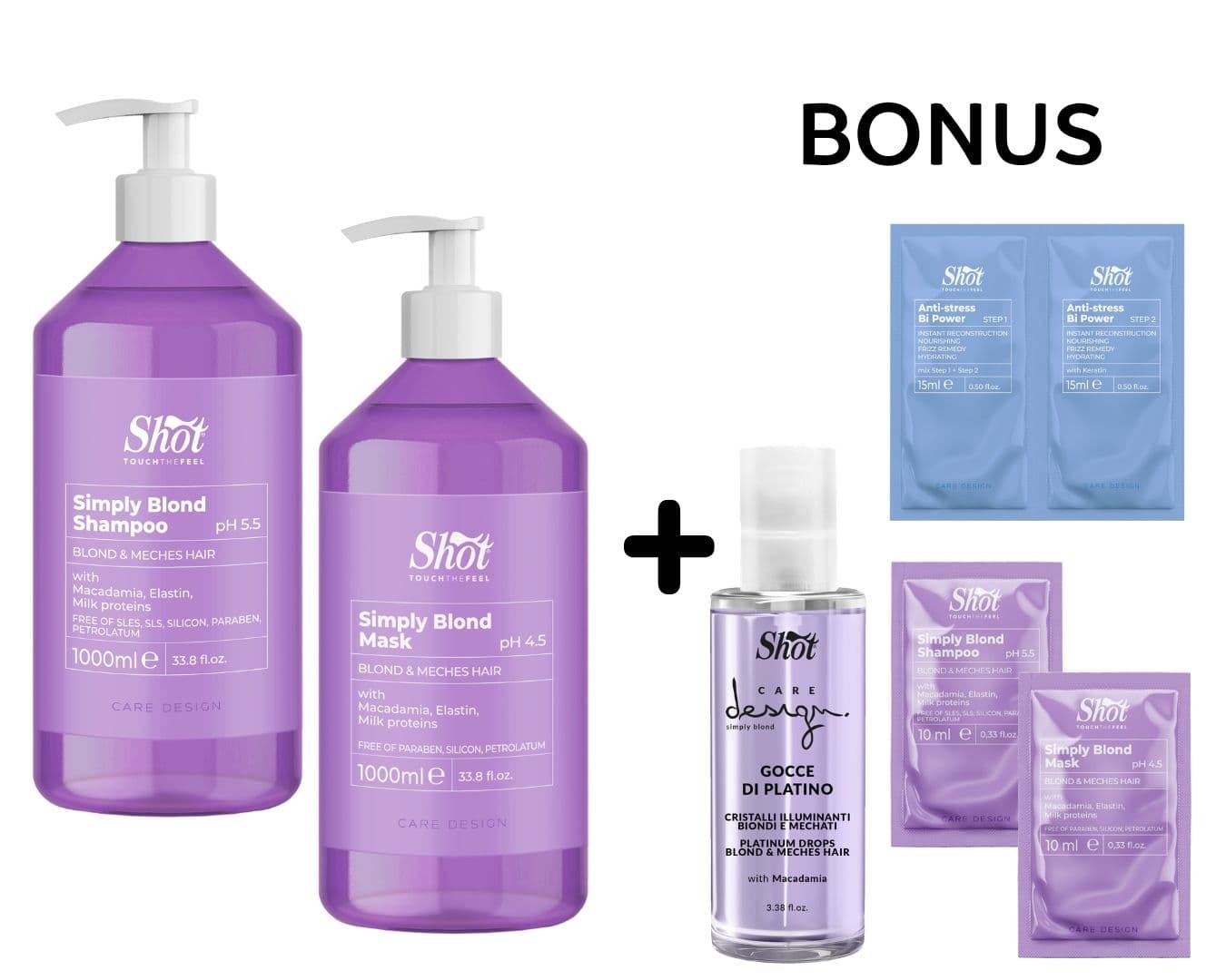 AKCE: Shot Simply Blond - péče o blond vlasy - šampon a maska, 1000 ml + Gocce Di Platino, 100 ml + BiPower - regenerace + 2x vzorky