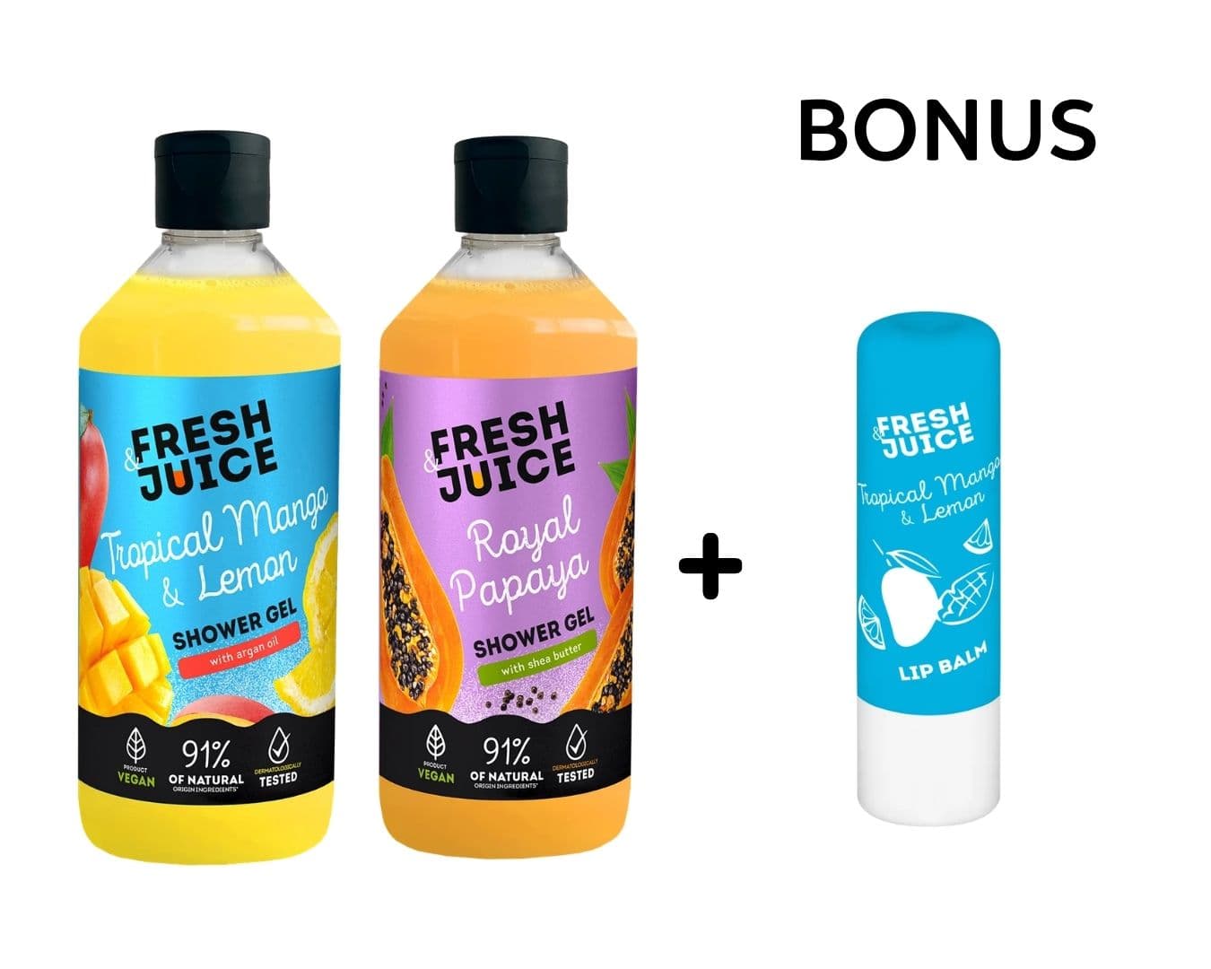 AKCE: 2x Fresh Juice Shower Gel - sprchový gel, 473 ml + Fresh Juice balzám na rty, 3,6 g