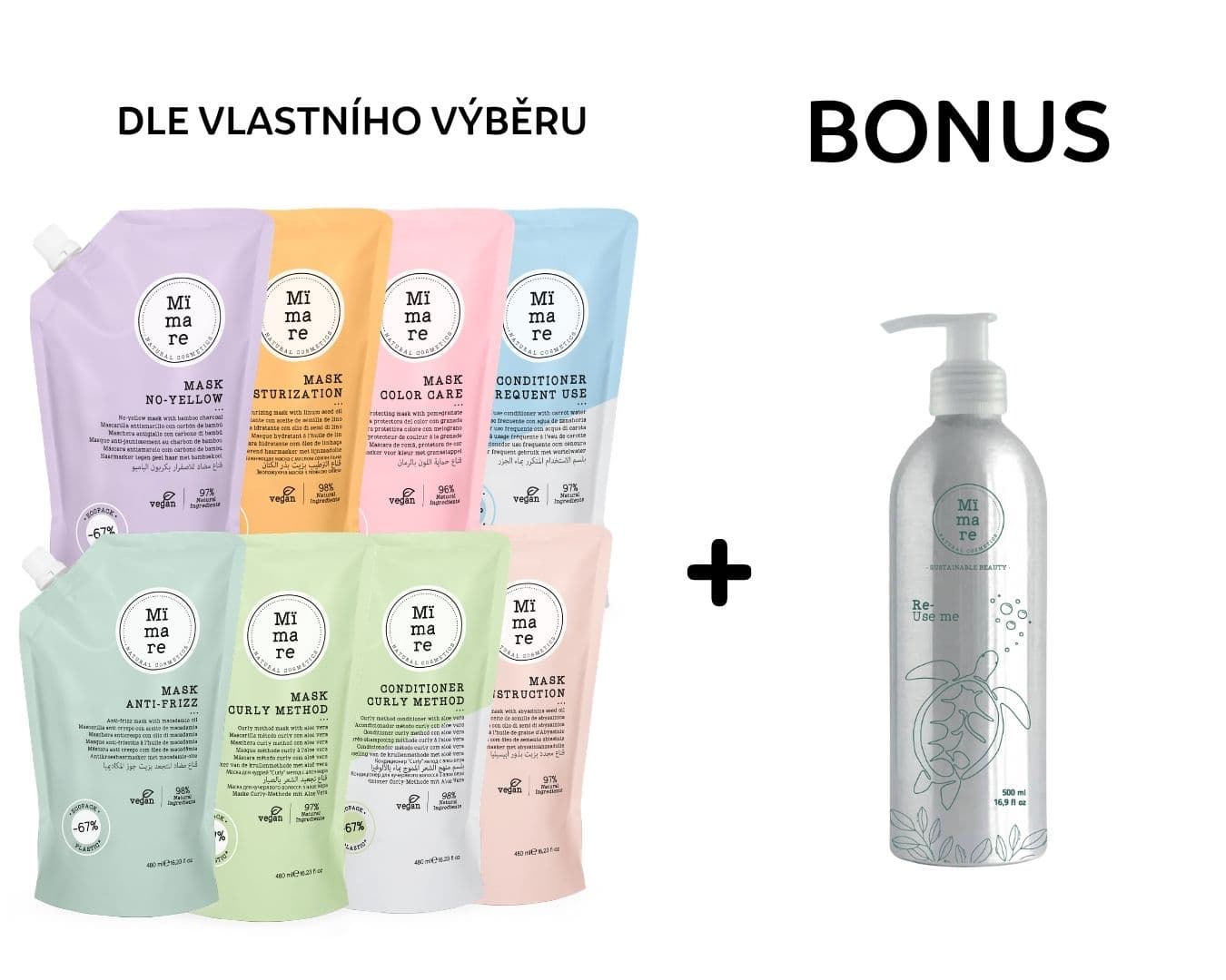 AKCE: MIMARE Mask / Conditioner - maska nebo kondicionér dle vlastního výběru, 480 ml + hlinníková láhev, 500 ml