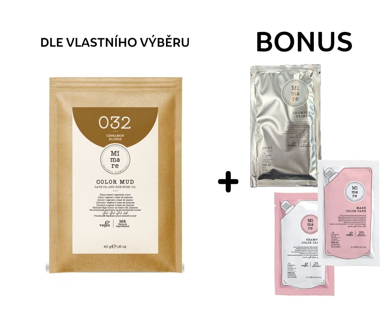 AKCE: Mimare Natural Mud - přírodní barva na vlasy, 40 g + přípravný šampon, 9 ml + color care šampon a maska, 9 ml