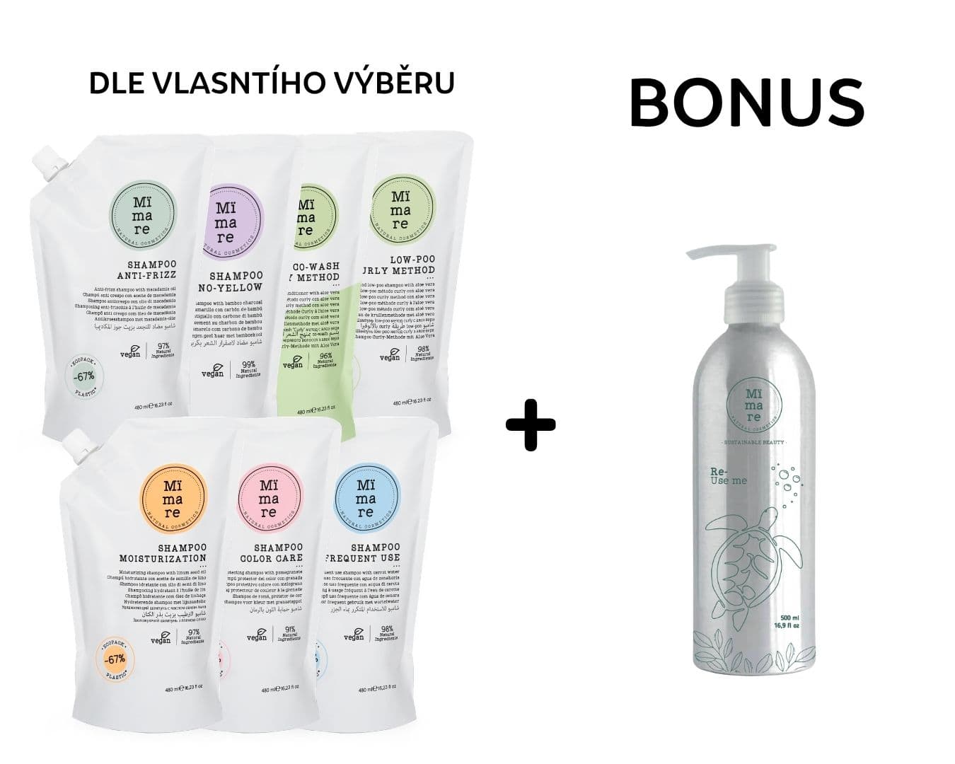 AKCE: Mimare Shampoo - šampon dle vlastního výběru, 480 ml + hlinníková láhev, 500 ml