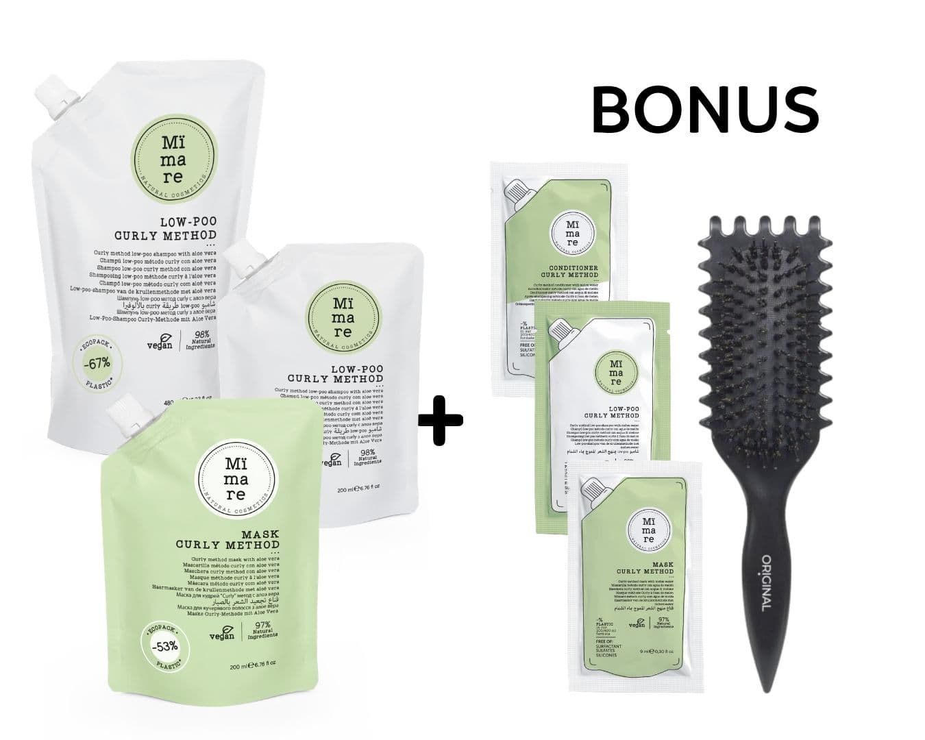 AKCIA: Mimare Curly Method - pre kučeravé vlasy - šampón, 480 ml a 200 ml, maska/kondicionér, 200 ml + kefa na styling kučier