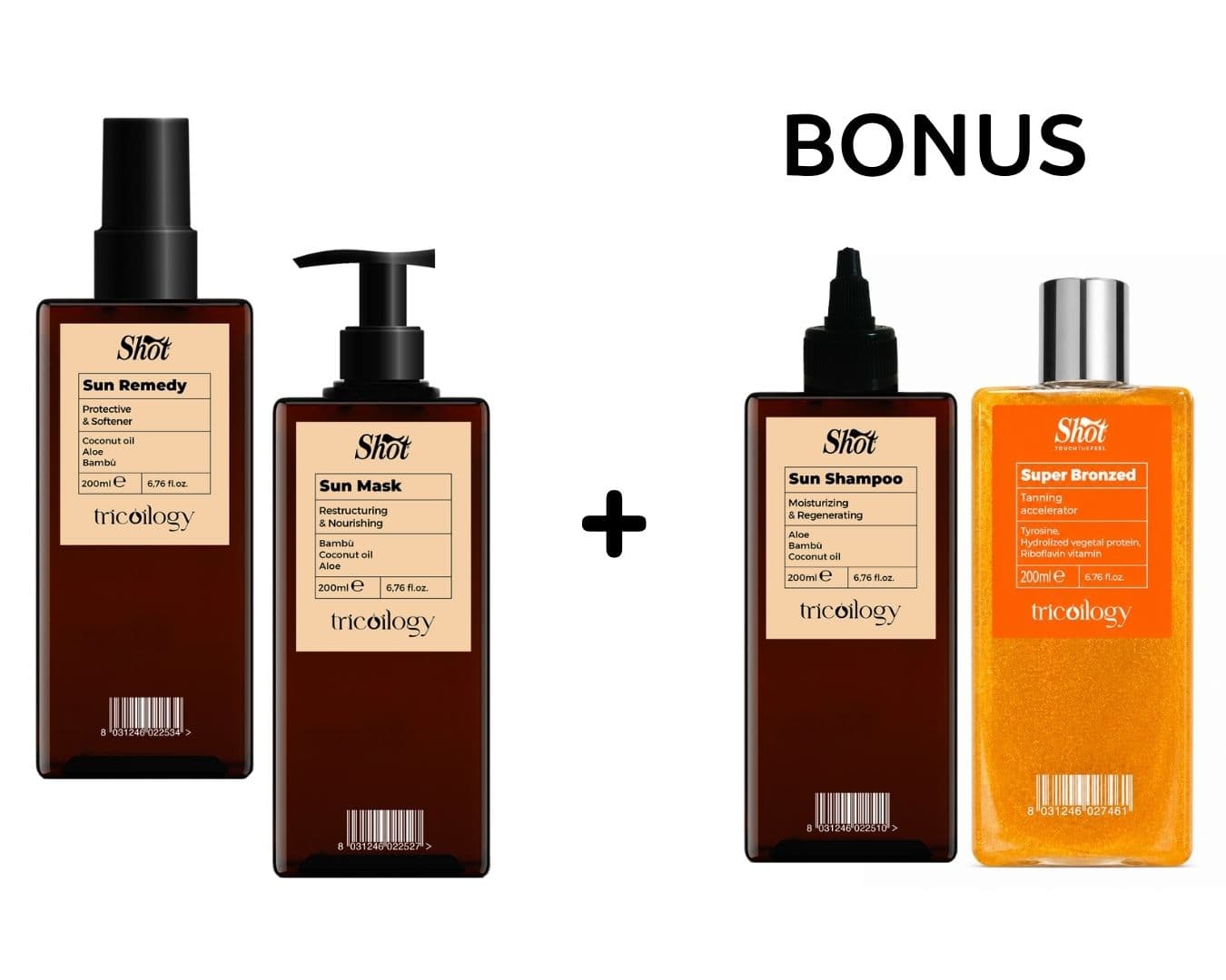 AKCE: Shot Tricoilogy Sun - letní péče - maska, leave-in, 200 ml + Super Bronzed - broznující gelový olej, 200 ml + šampon, 200 ml