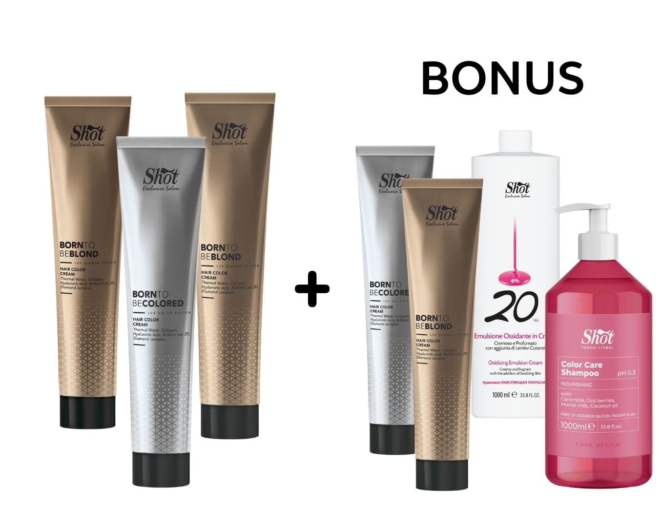 SPECIÁL: 15x Shot Born to be Colored & Blond - prof. barva na vlasy, 100 ml + 5x barva na vlasy, 100 ml + oxidant, 1000 ml + šampon, 1000 ml